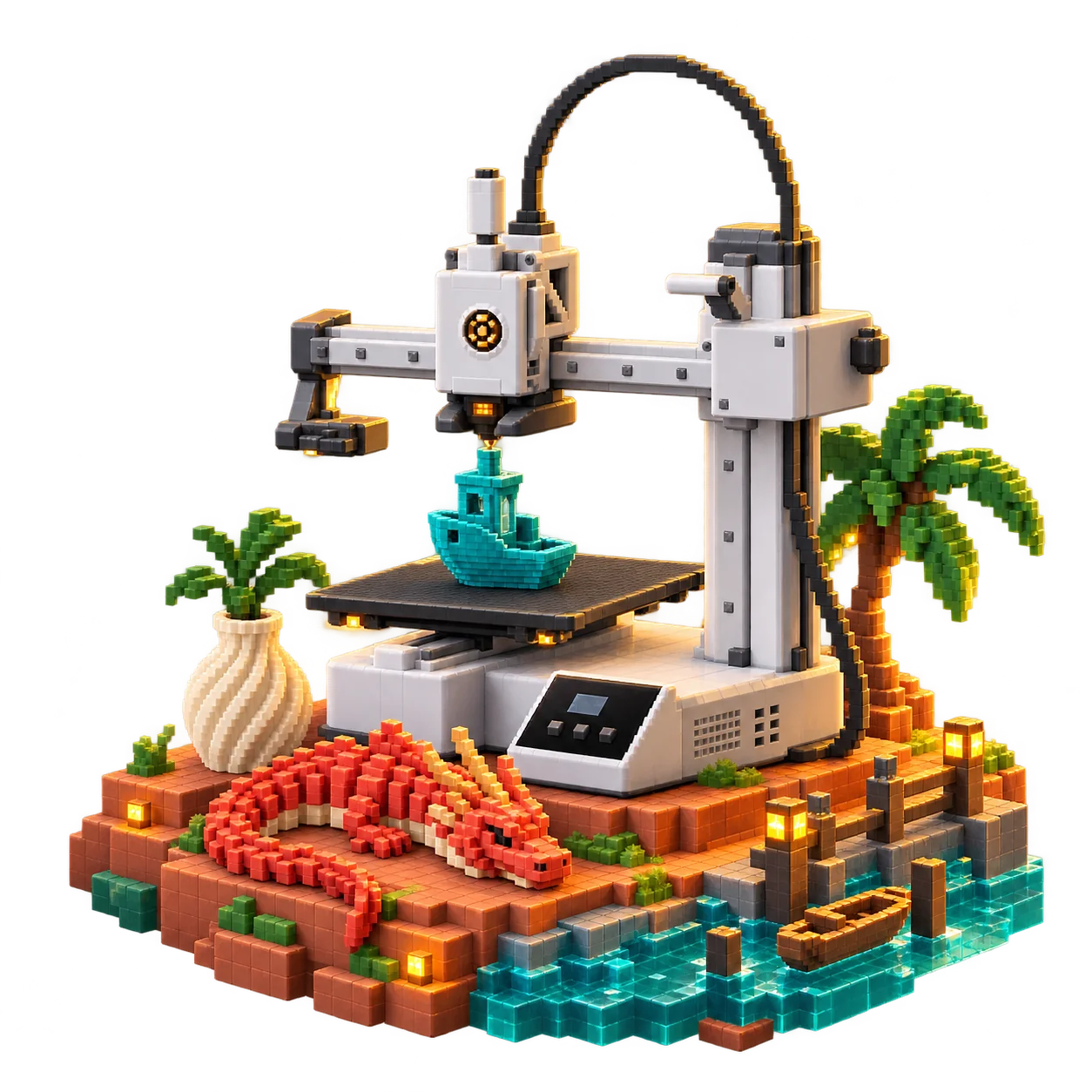 Pixel-art Bambu Lab A1 Mini 3D printer making a teal boat, surrounded by miniature printed creations on a Kochi-inspired workshop island.