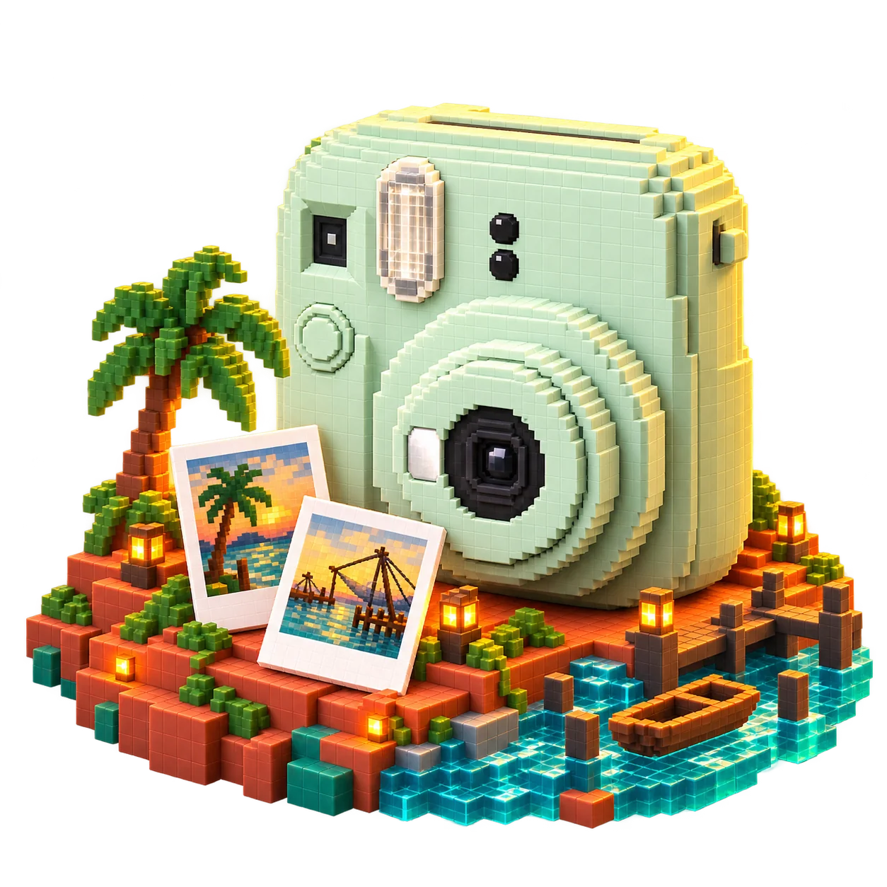 Pixel-art Fujifilm Instax Mini 12 camera with miniature instant photos on a Kochi waterfront island.