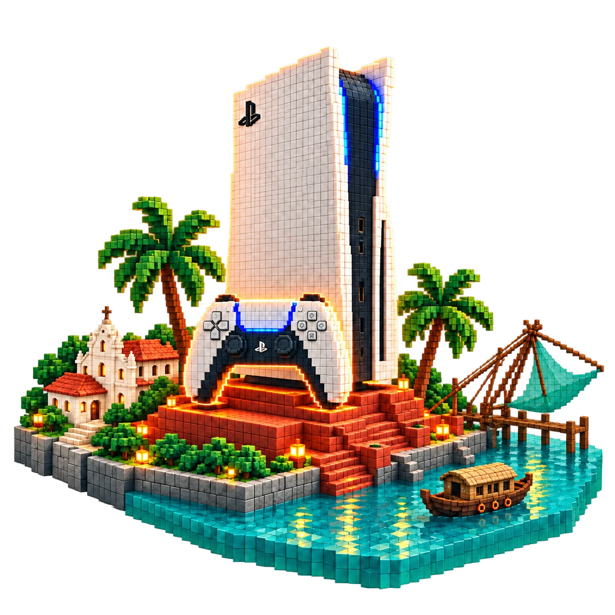 A pixel-art PlayStation 5 and DualSense controller on a block-built Kochi waterfront, with palms and a Chinese fishing net.